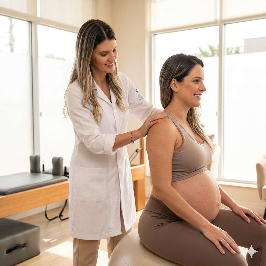 Dra. Gabriela Marinho orientando fisioterapia gestacional e reabilitação pós-parto