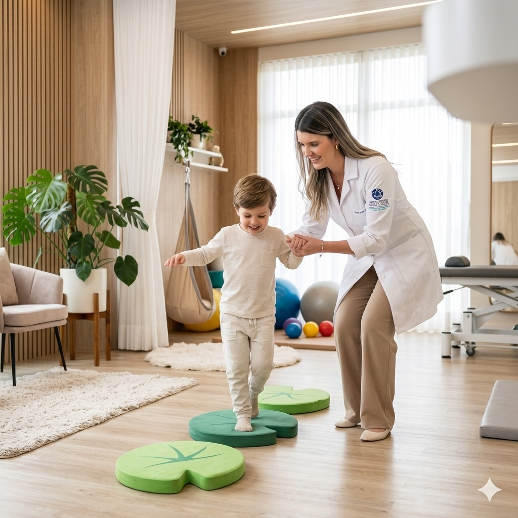 Dra. Gabriela Marinho realizando atendimento de fisioterapia neurológica infantil e adulta em ambiente clínico